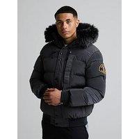 Zavetti Canada Mens Padded Faux-Fur Hooded Bomber Jacket - Dark Grey