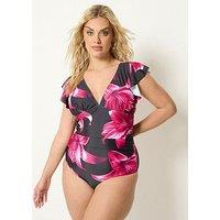 Yours Yours Curve Floral Frill Sleeve Swimsuit - Black