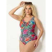 Yours Yours Curve Leopard Floral Lace Up Swimsuit - Black