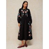 White Stuff Womens Wren Embroidered Organic Cotton Cord Dress - Black