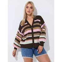 Yours Curve Stripe Balloon Sleeve Cardigan - Brown