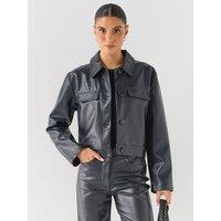 Jdy Womens Textured Cropped Faux Leather Jacket - Brown