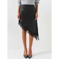 Pieces Womens Asymmetric Satin-Look Lace Trim Midi Skirt - Black