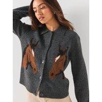 Vero Moda Womens Horse Jacquard Polo Collar Button Through Cardigan - Grey
