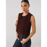 Pieces Womens Tie Front Corduroy Vest - Brown