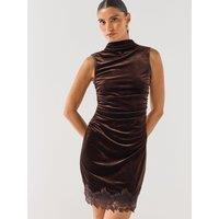 Vero Moda Womens Chloe High Neck Lace Hem Mini Dress - Brown