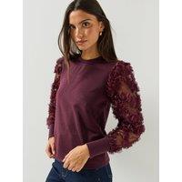Jdy Womens Fairview Life 3D Floral Mesh Sleeve Sweatshirt - Red