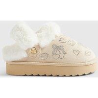 River Island Girls Diamante Faux Fur Slip-On Slippers - Cream