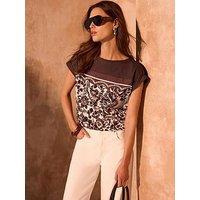 Mint Velvet Print Woven Mix Top - Brown