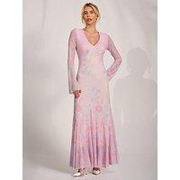 Jolie Moi Long Sleeve Godet Mesh Maxi Dress - Pink Floral