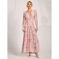 Jolie Moi Long Sleeve V Neck Mesh Maxi Dress - Pink Floral