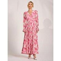 Jolie Moi Long Sleeve Dip Hem Mesh Maxi Dress - Pink