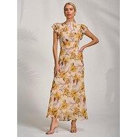Jolie Moi High Neck Ruffle Sleeve Chiffon Maxi Dress - Yellow
