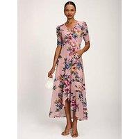 Jolie Moi Ruched Sleeve Mesh Maxi Dress - Pink Floral