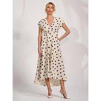 Jolie Moi Printed Scuba Dipped Hem Maxi Dress - Cream Spot