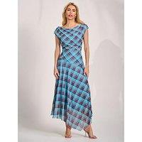 Jolie Moi Asymmetric Draped Mesh Maxi Dress - Blue Check