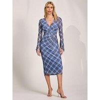 Jolie Moi Long Sleeve Mesh Bodycon Dress - Blue Check