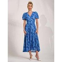 Jolie Moi Flutter Sleeve Mesh Midi Dress - Blue Abstract