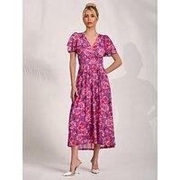 Jolie Moi Flutter Sleeve Mesh Midi Dress - Purple