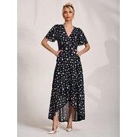 Jolie Moi Angel Sleeve Mesh Frill Wrap Maxi Dress - Black