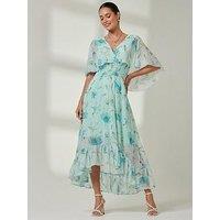 Jolie Moi Frill V Neck Chiffon Midaxi Dress - Green Floral