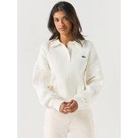 Lacoste Womens Textured Rib Knit Relaxed Fit Polo Shirt - Cream
