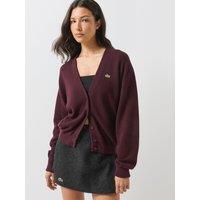 Lacoste Womens V-Neck Moss Stitch Button Through Cardigan - Burgundy