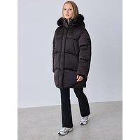 Ted Baker Girls Shower Resistant Satin Padded Longline Coat - Chocolate Brown