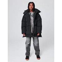 Smallsaints Girls Girls' Longline Hooded Puffer Coat With Zip Fastening - Black