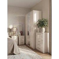 The Very Collection Prague 4 Piece Package - 3 Door Mirrored Wardrobe, 5 Drawer Chest And Pair Of 3 Drawer Bedside Chests - Oatmeal Gloss