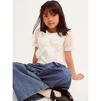 Monsoon Girls Short Sleeve Pearl Organza Bow T-Shirt - Light Cream