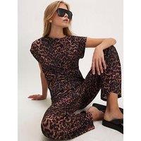 River Island Short Sleeve Leopard Texture Tie Top - Brown