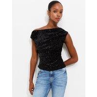 New Look Womens Sequin Ruched Fallen Shoulder Top - Black