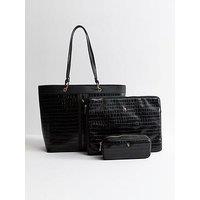 New Look Faux Leather Crocodile Embossed Trio Tote School & Bag - Black