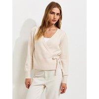 New Look Puff Sleeve Knitted Wrap Jumper - Cream