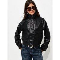 New Look Faux Leather Flap Pocket Funnel Neck Jacket - Black