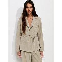 New Look Soft Touch Striped Tie Waist Co-Ord Blazer - Brown