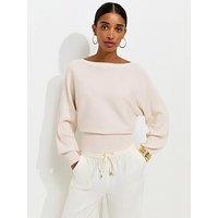 New Look Lightweight Ribbed Knit Slash Neck Batwing Jumper - Cream
