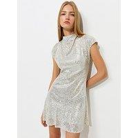 New Look Womens High Neck Sequin Embellished Mini Dress - Silver