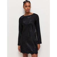 New Look Womens Satin Jacquard Lace Trim Long Sleeve Mini Dress - Black
