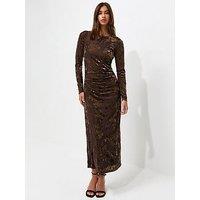 New Look Flocked Velvet Long Sleeve Midi Dress - Brown