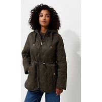 New Look Quilted Cinched Waist Hooded Jacket - Green