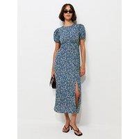 New Look Ditsy Floral Puff Sleeve Split Midi Dress - Blue