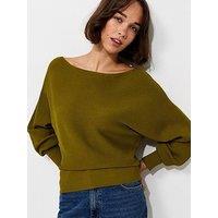 New Look Lightweight Ribbed Knit Slash Neck Batwing Jumper - Green