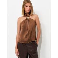 New Look Womens Halterneck Gold Trim Textured Blouse - Brown