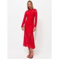New Look Womens High Neck Long Sleeve Lace Midi Dress - Red