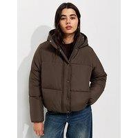 New Look Hooded Crop Puffer Jacket - Brown