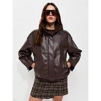 New Look Faux Leather Funnel Neck Oversized Jacket - Brown