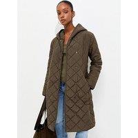 New Look Womens Hooded Belted Quilted Jacket - Green