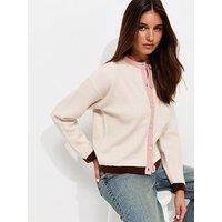 New Look Knitted Colour Block Trim Cardigan - Cream
